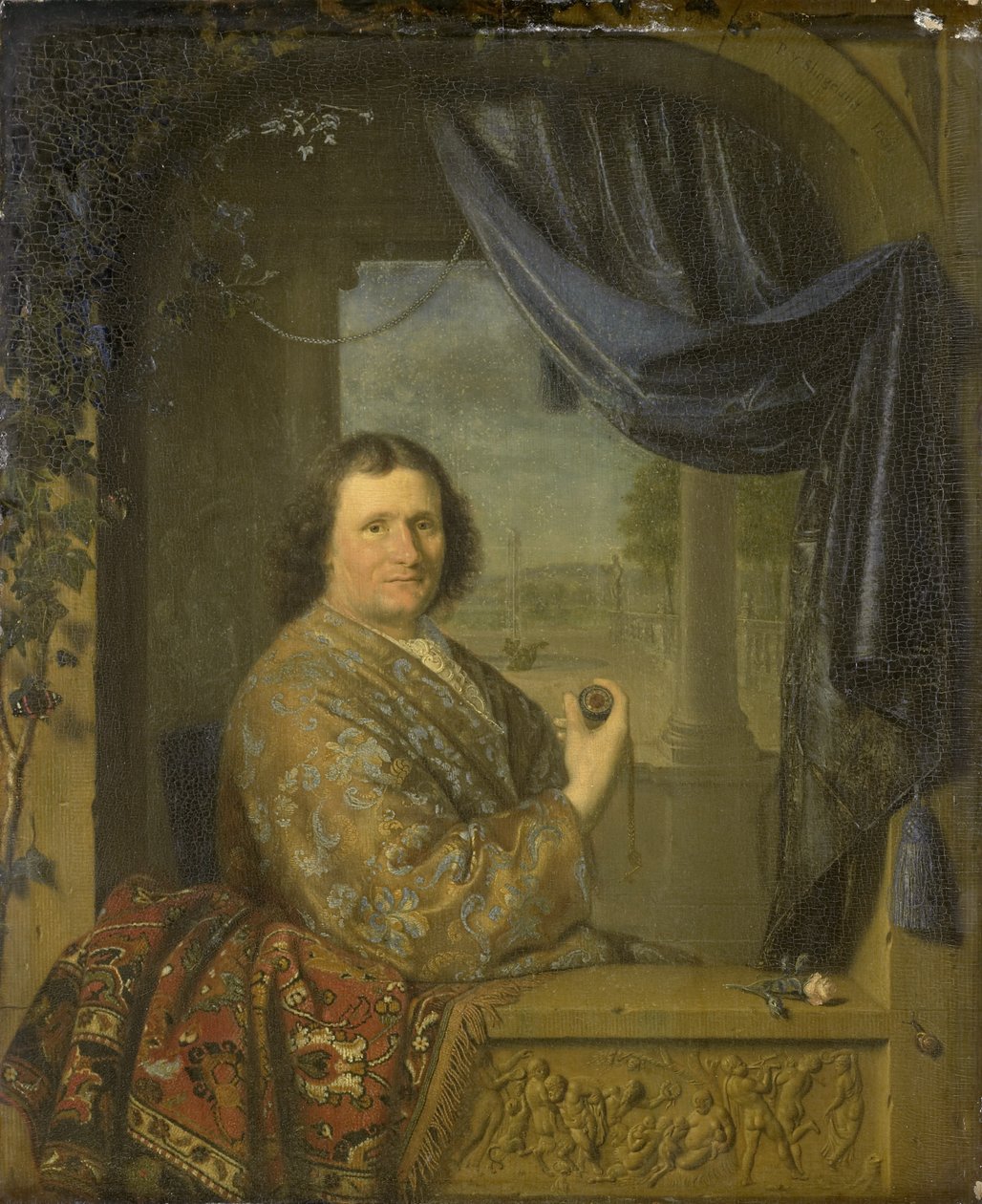 Retrato de um homem segurando um relógio, 1688 de Pieter Cornelisz Slingelandt van