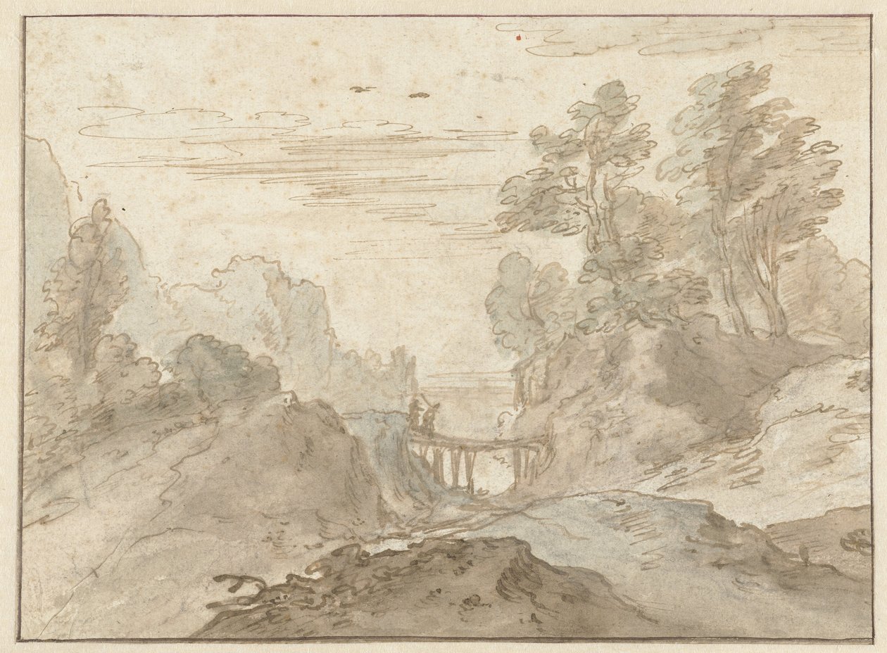 Paisagem montanhosa com duas figuras em uma ponte estreita de Pieter Dircksz van Santvoort (possibly)