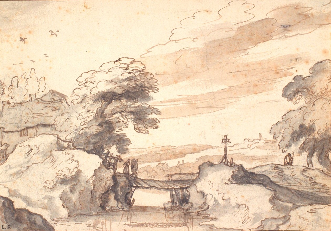 Paisagem com uma ponte velha sobre um riacho de Pieter Dircksz van Santvoort
