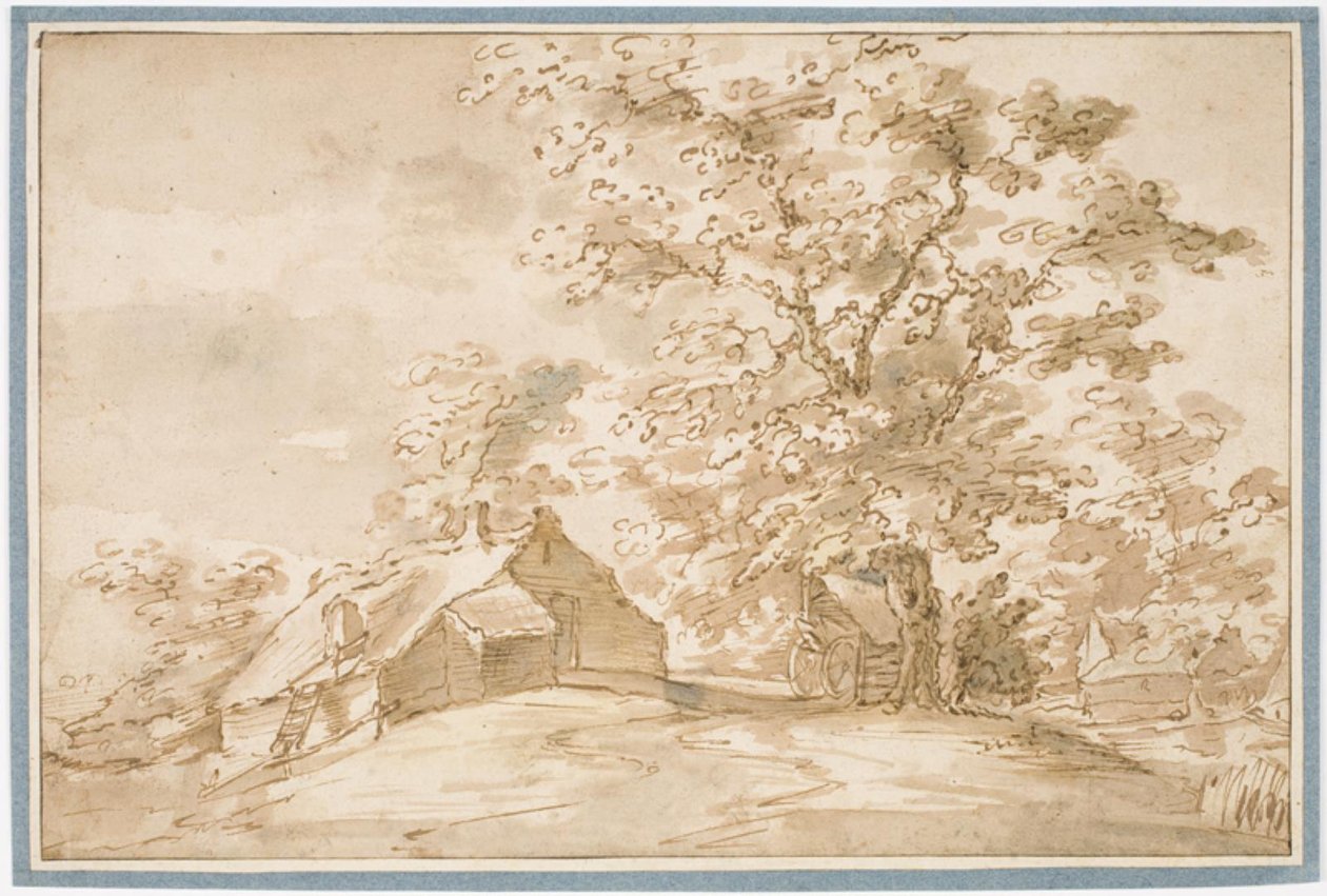 Paisagem com um grande carvalho ao lado de casas de camponês de Pieter Dircksz van Santvoort