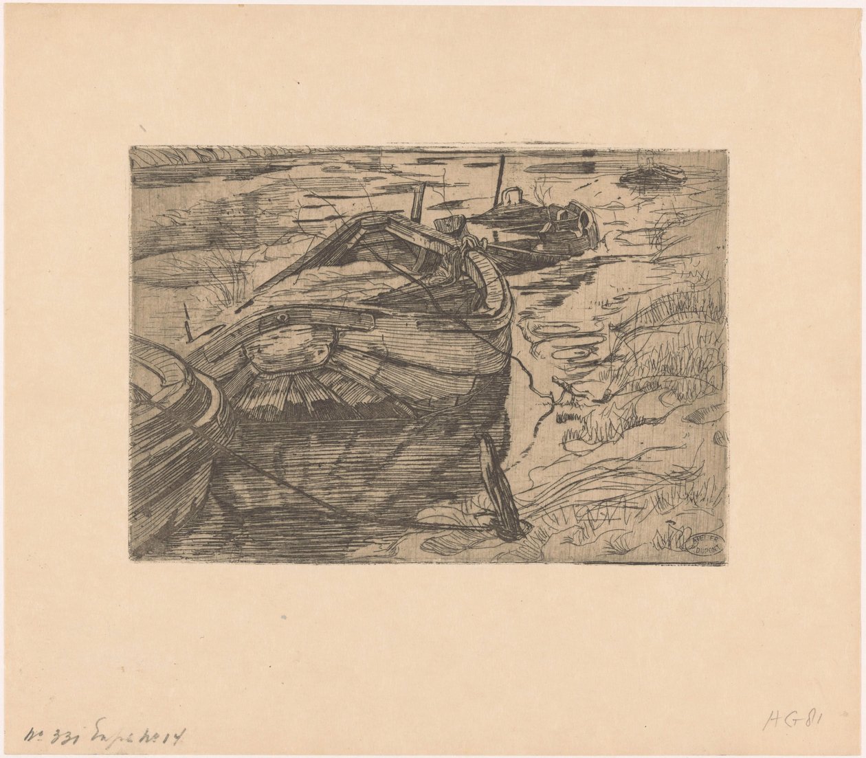 Barcos a remo ancorados em uma vala de Pieter Dupont