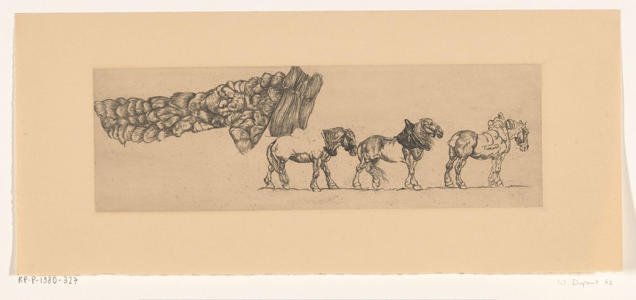 Três cavalos de tracção e a carga de um vagão de feno de Pieter Dupont