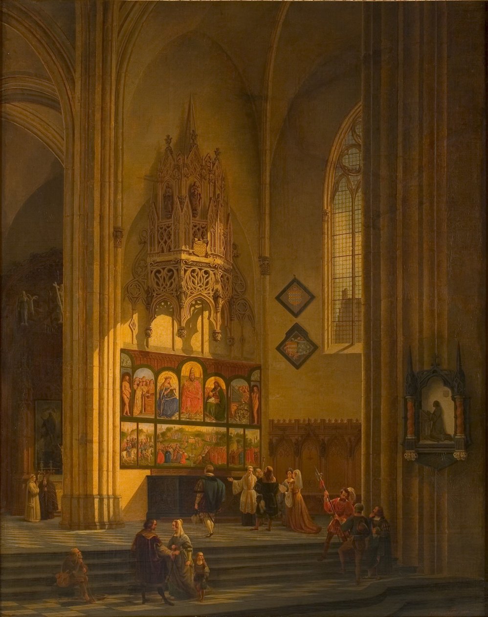 Albrecht Dürer diante do Retábulo de Ghent, c. 1840. de Pieter Frans De Noter