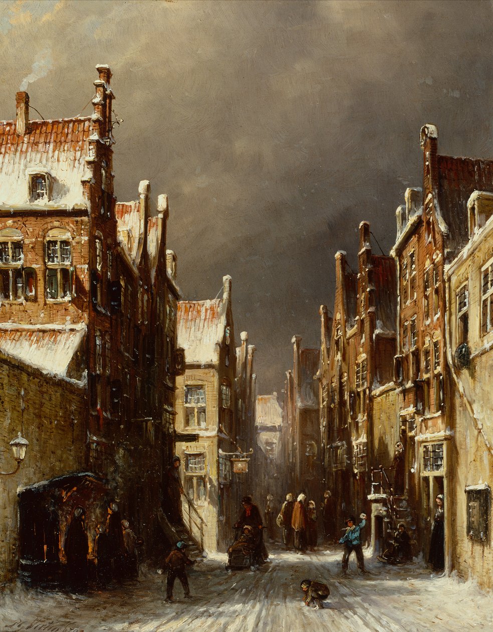 Cena de rua de inverno com crianças jogando bolas de neve de Pieter Gerard Vertin