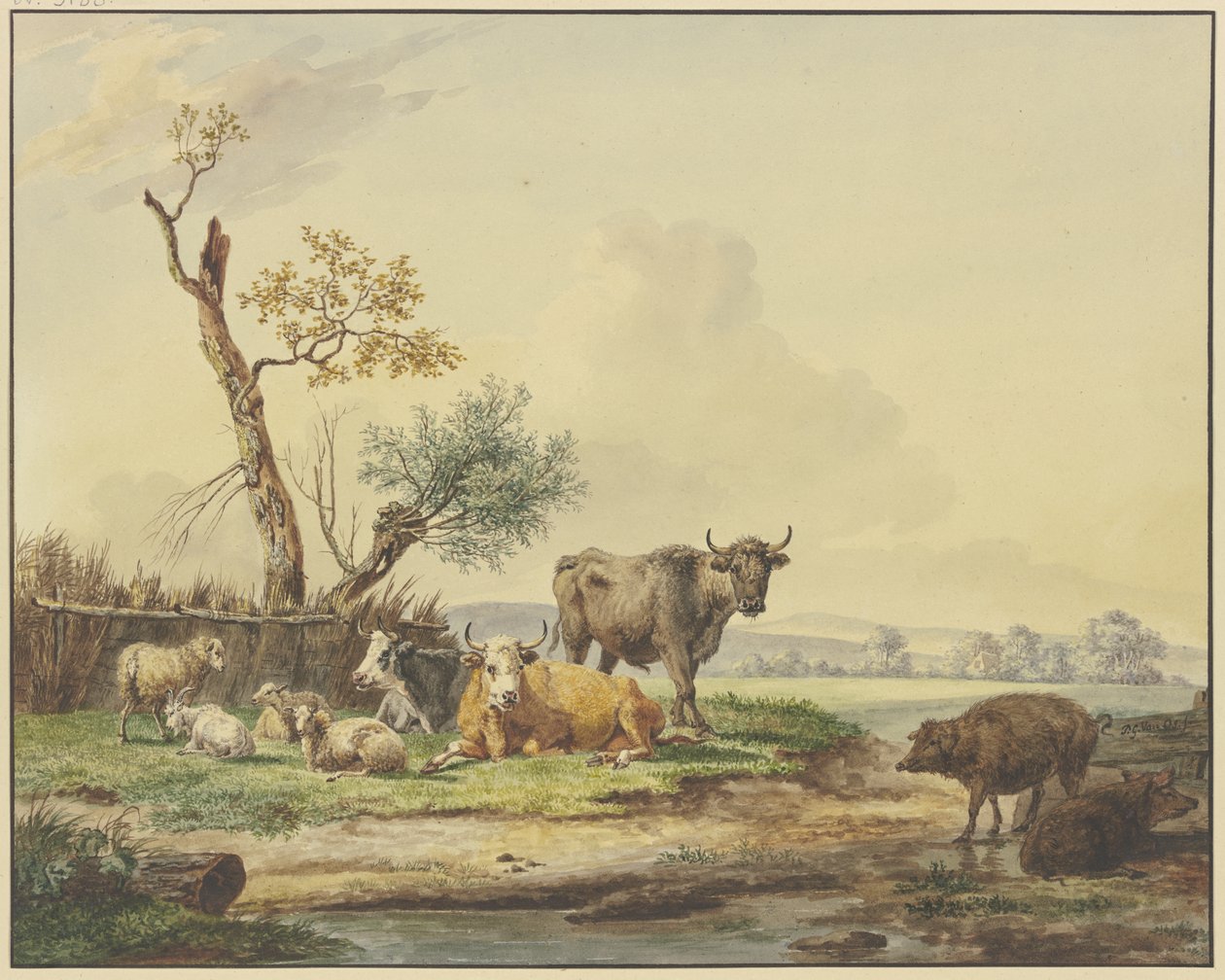 Gado num prado junto a uma vedação, dois porcos à direita de Pieter Gerardus van Os