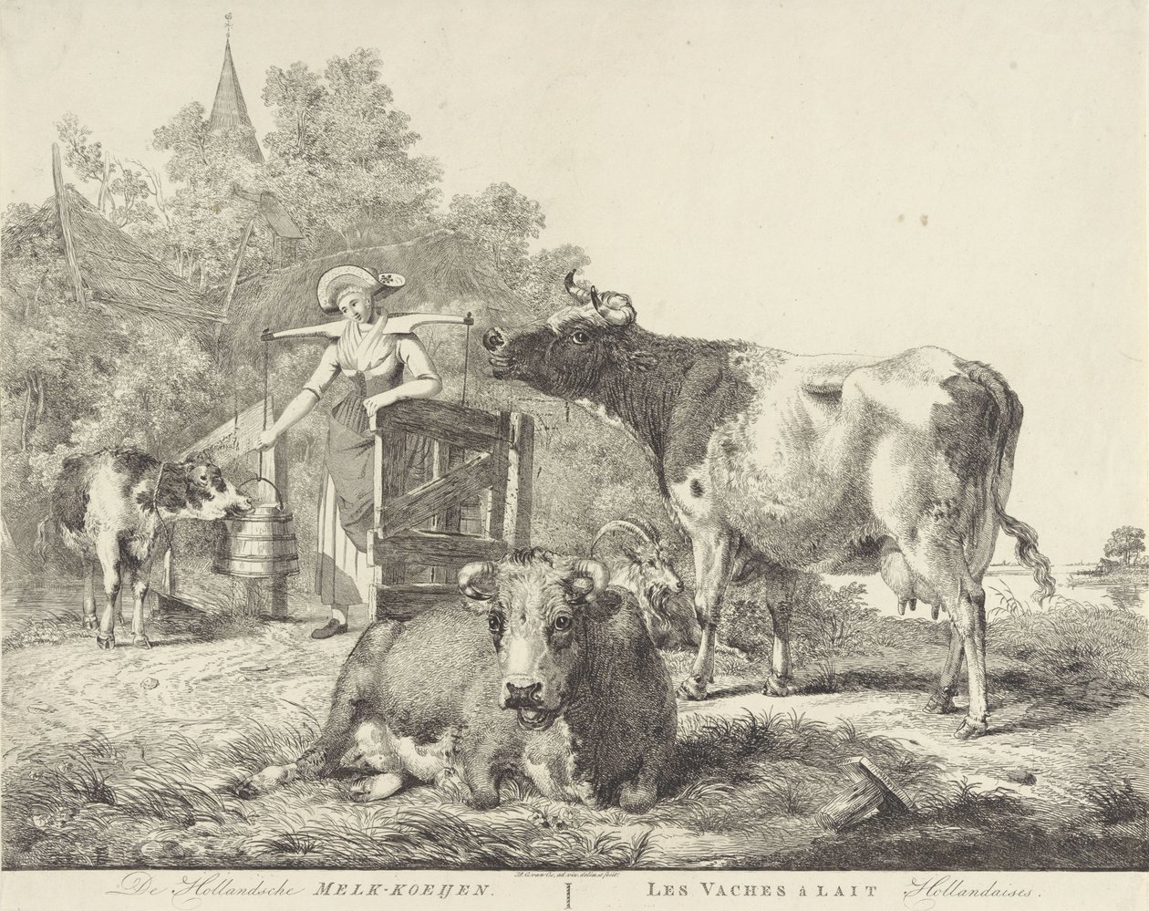 Vacas e leiteira De Hollandsche Melk-koeijen/ Les vaches â lait hollandaises (título no objeto) de Pieter Gerardus van Os