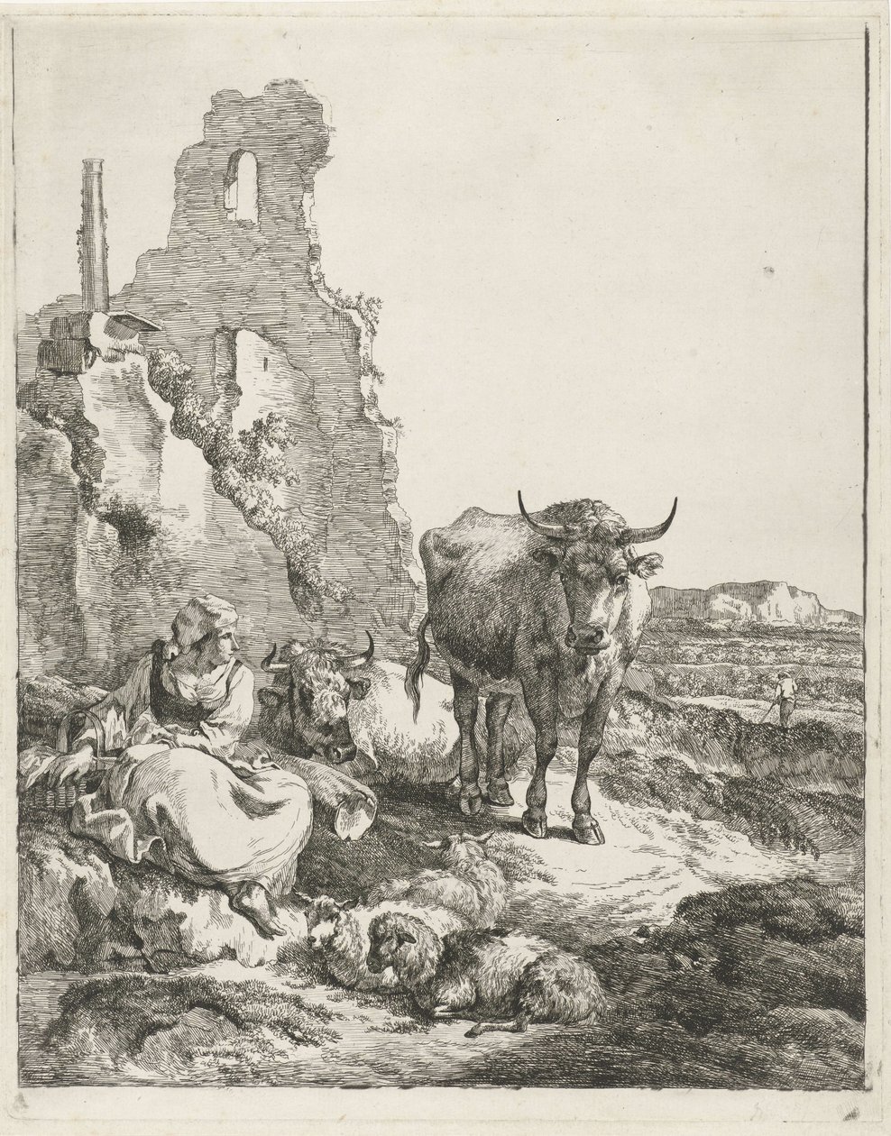 Paisagem com vaca e pastora em pé e deitada em frente a uma ruína de Pieter Gerardus van Os
