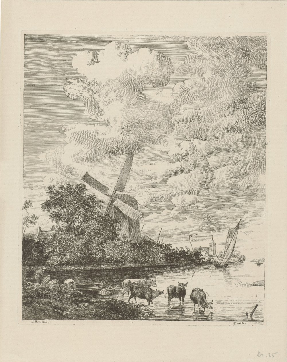Vista do rio com moinho e vacas na água de Pieter Gerardus van Os