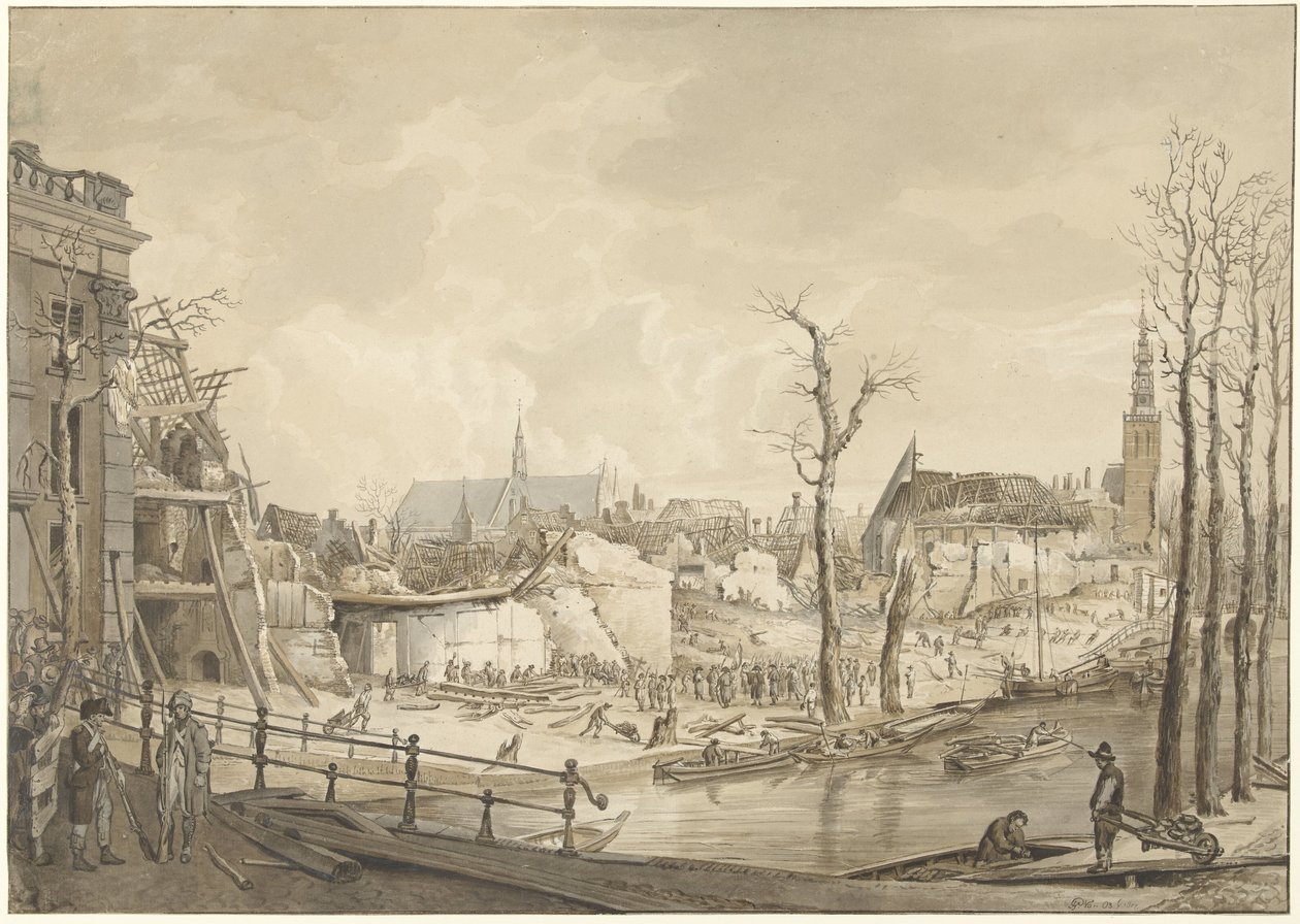 Ruínas no lado norte do Steenschuur após a catástrofe da pólvora em Leiden, 12 de Janeiro de 1807 de Pieter Gerardus van Os