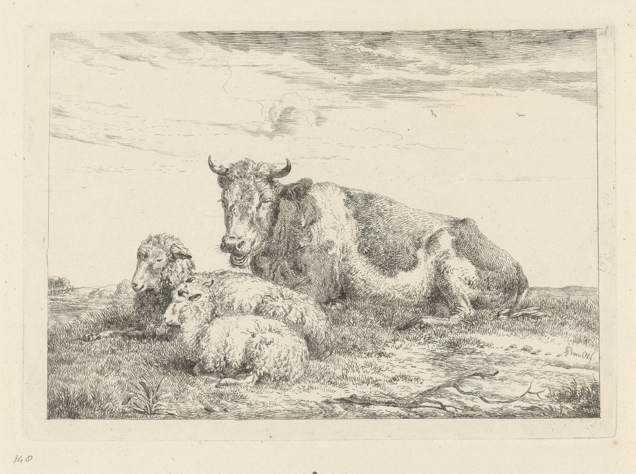 Vaca adormecida com ovelha e borrego de Pieter Gerardus van Os