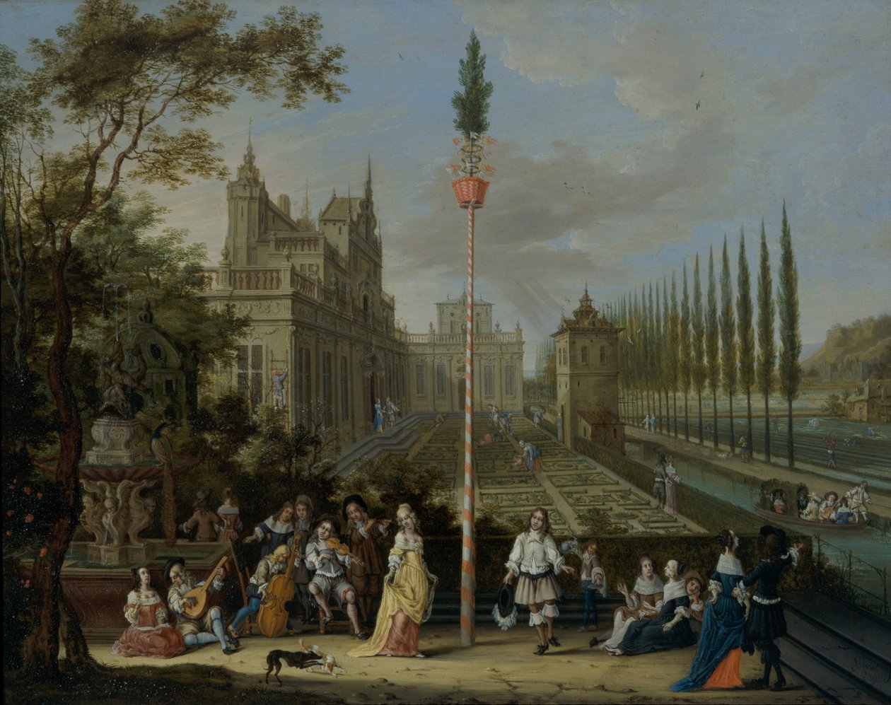 Figuras a dançar à volta de um mastro, nos terrenos de um castelo de Peeter Gijsels
