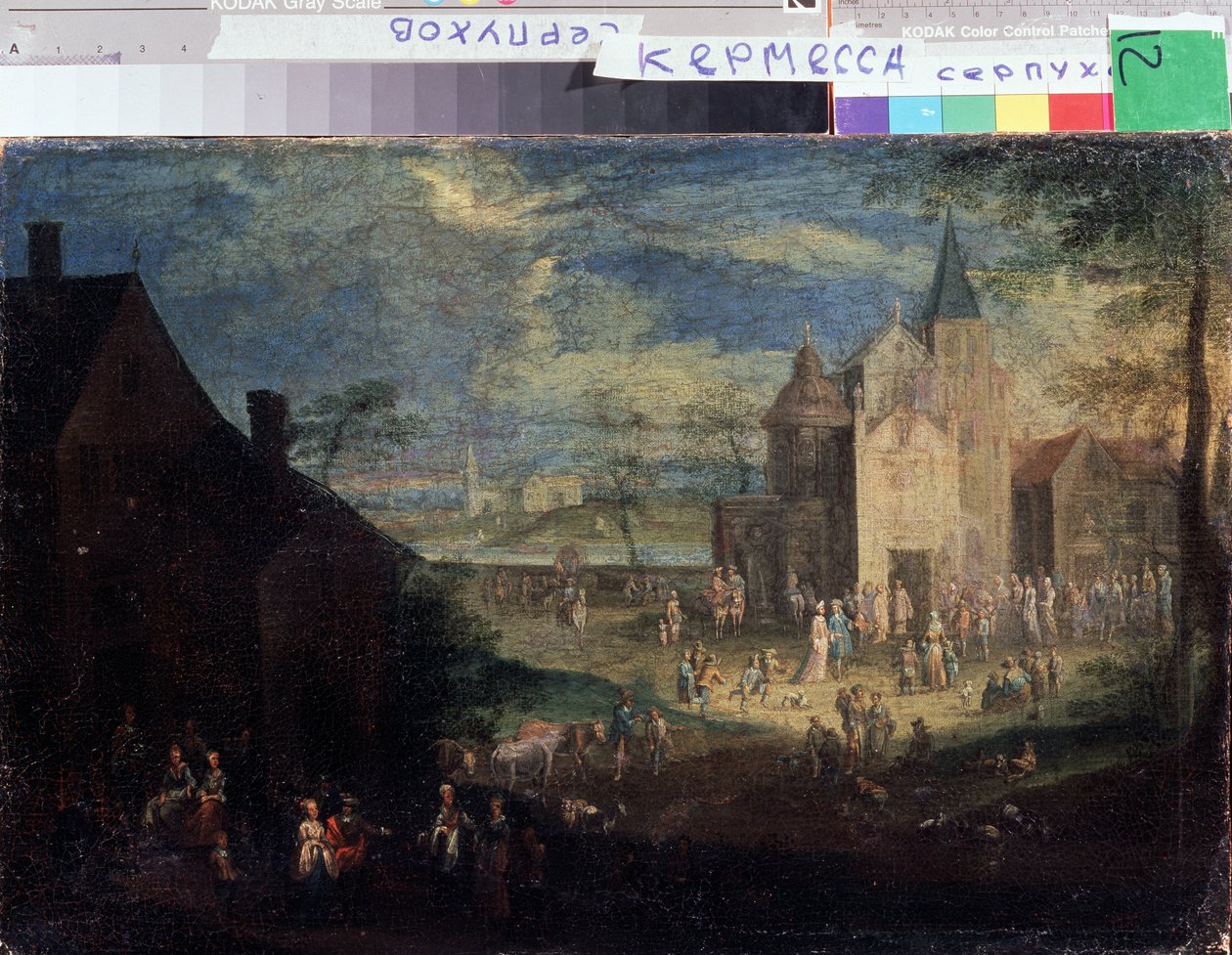 ""Kermesse no lugar de uma aldeia"" (Kermis) Paisagem da cidade na Flandres. Pintura de Peter Gysels (1621-1690) Serpukhov, Museu Estatal de História e Arte da Rússia de Peeter Gijsels