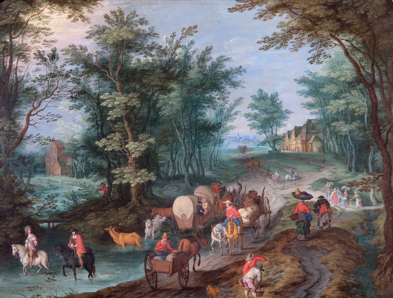 Paisagem com figuras Atravessar um riacho (óleo sobre cobre) de Peeter Gijsels