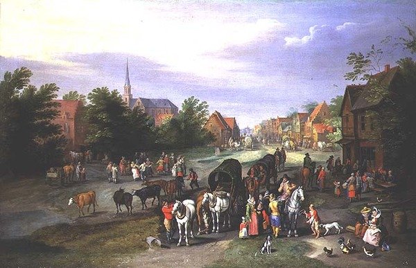 Viajantes descansando em uma vila (óleo sobre cobre) de Peeter Gijsels
