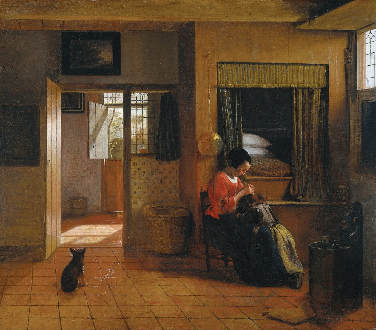 Interior com uma Mãe a deliciar o cabelo do seu filho Um dever de mãe, 1659-1660 de Pieter Hooch de