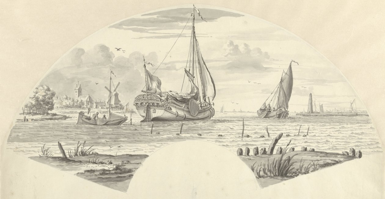 Vista de alguns barcos sobre a água e de um moinho de vento perto de uma igreja de Pieter Idserts