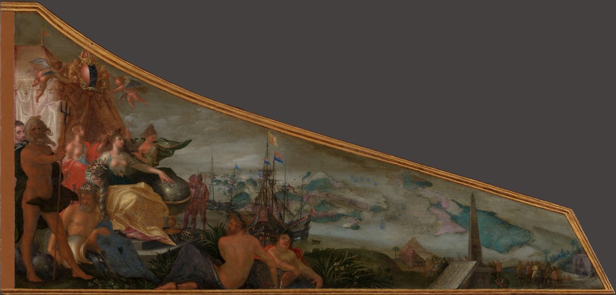Amesterdão como o Centro do Comércio Mundial
Pintura sobre uma tampa de cravo com uma Alegoria de Amesterdão como centro do comércio mundial de Pieter Isaacsz.