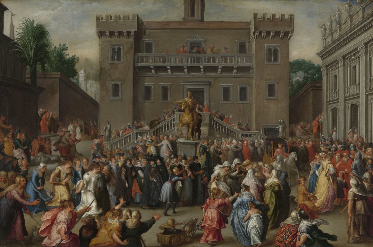 As Mulheres de Roma reunidas no Capitólio A Ascensão das Mulheres de Roma no Capitólio por causa de Papirius de Pieter Isaacsz.