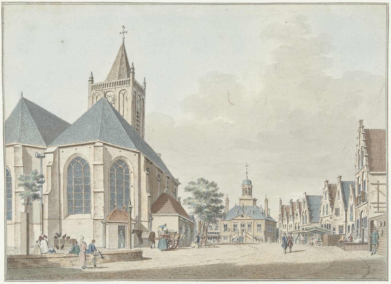 A praça do mercado em Vlaardingen com a igreja e a câmara municipal de Pieter Jan van Liender