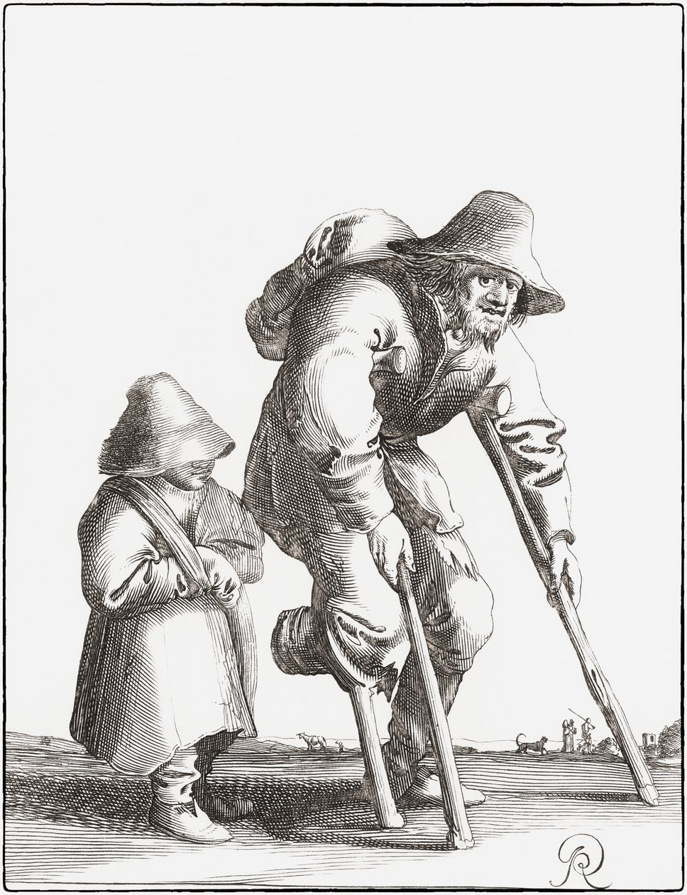 Mendigo aleijado com criança (gravura) de Pieter Jansz (after) Quast