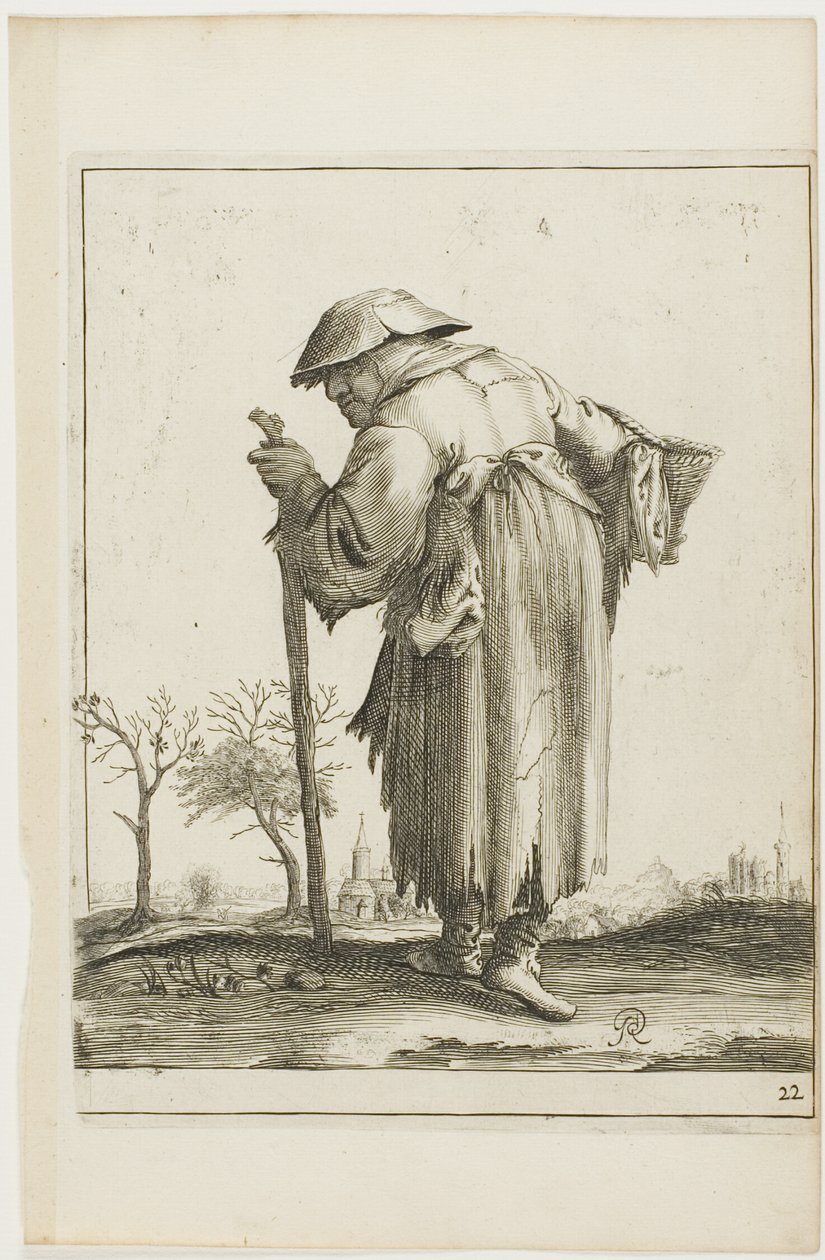 Mulher pedinte em marcha com um cesto, de T is al verwart-gaern (Já é confuso) de Pieter Jansz. Quast
