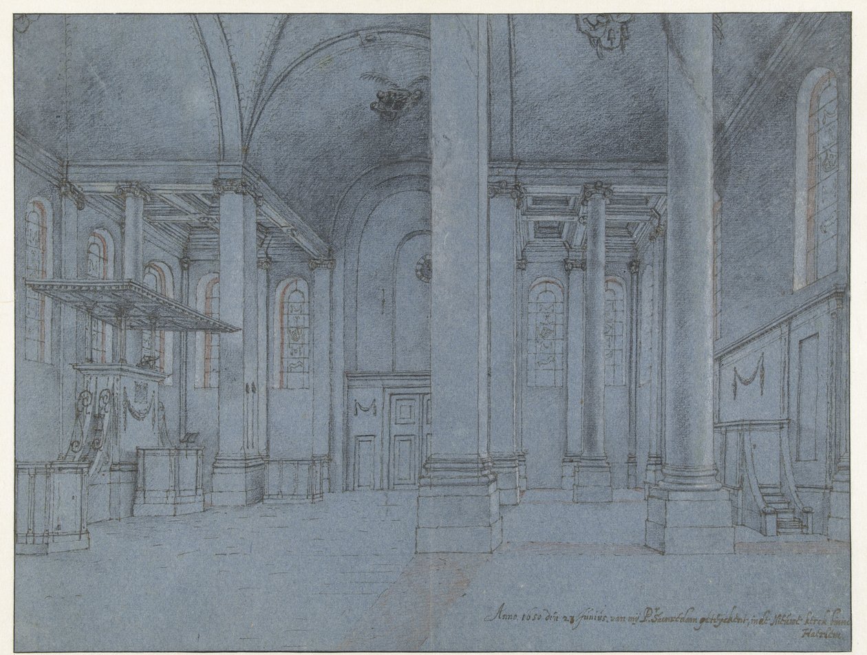 Vista do interior do Nieuwe Kerk, Haarlem, visto da extremidade leste do corredor norte, olhando para o oeste de Pieter Jansz Saenredam