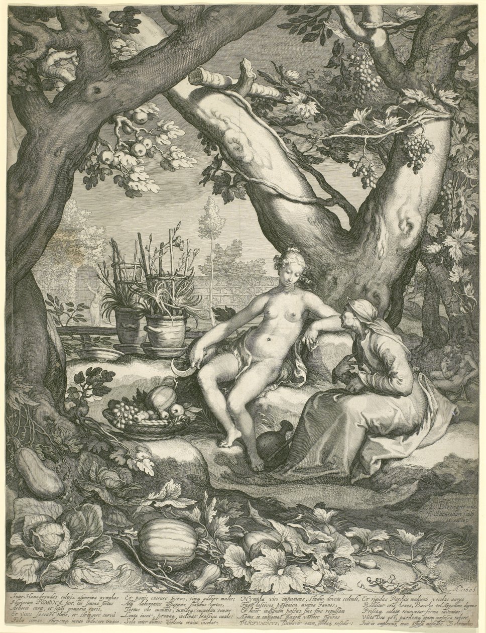 Vertumnus emprestando a figura de uma velha para ganhar Pomonas Love, 1605 (gravura em papel) de Pieter Janszoon Saenredam
