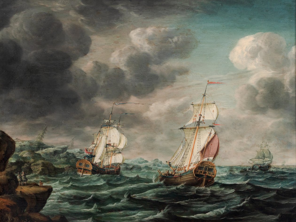 Uma guerra holandesa e navios mercantes em um promontório rochoso de Pieter Jochums Lofvers