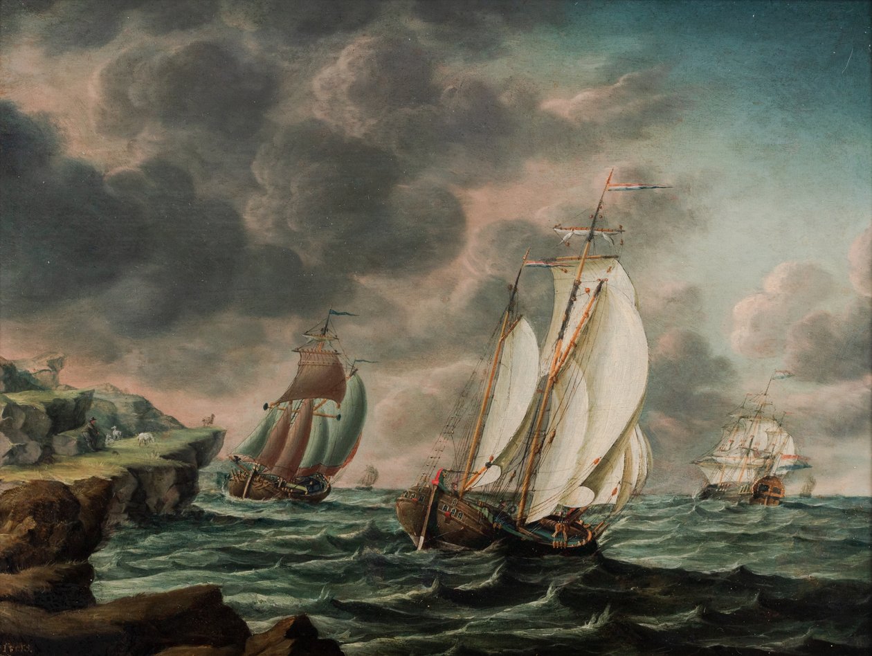 Dutch Merchant Flutes Inshore off a Rocky Coastline de Pieter Jochums Lofvers