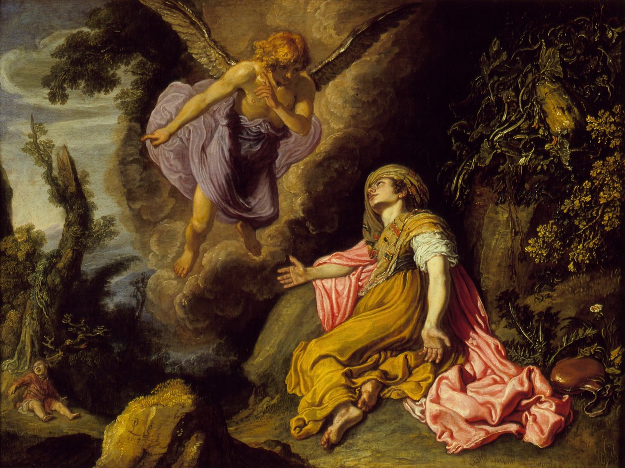 Agar e o Anjo, 1614 (óleo sobre madeira) de Pieter Lastman