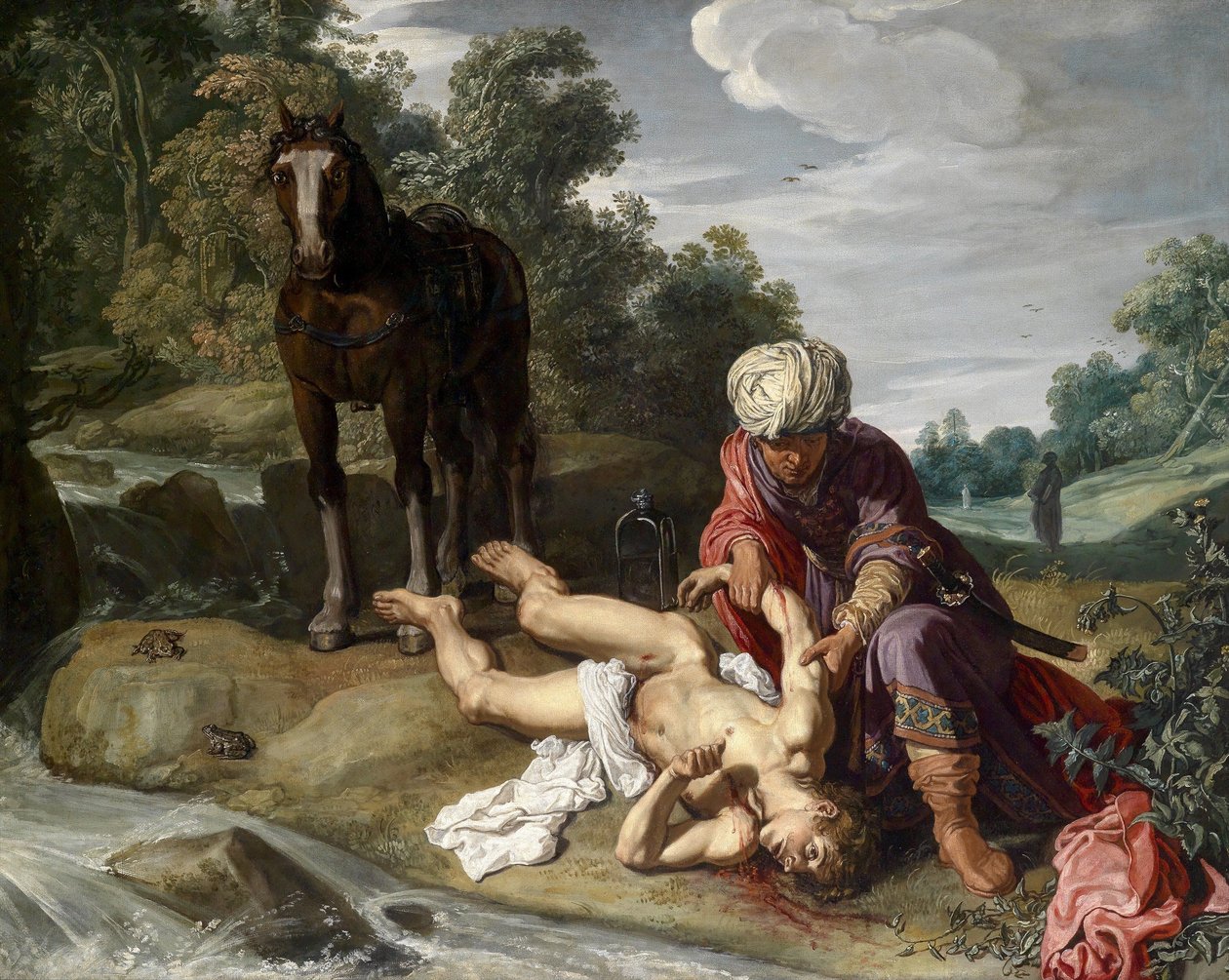 O bom samaritano que trata das feridas do viajante (Lucas 10,25-37) de Pieter Lastman