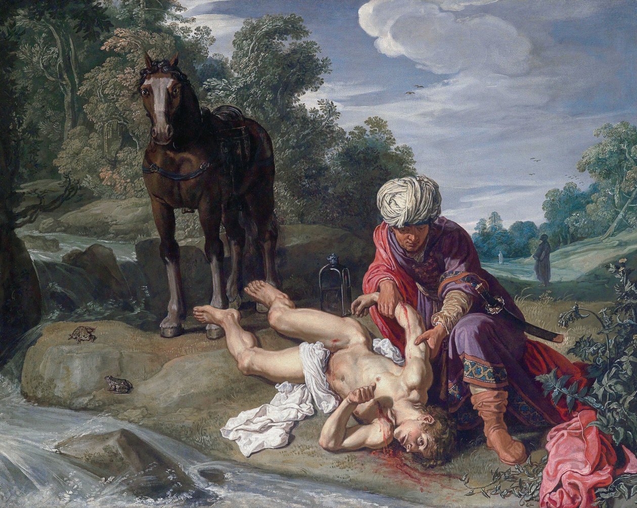 O bom samaritano que trata das feridas do viajante (Lucas 10,25-37) de Pieter Lastman