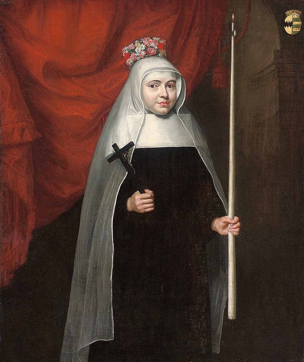 Retrato de uma freira segurando um crucifixo e vela, 1678 de Pieter Leermans