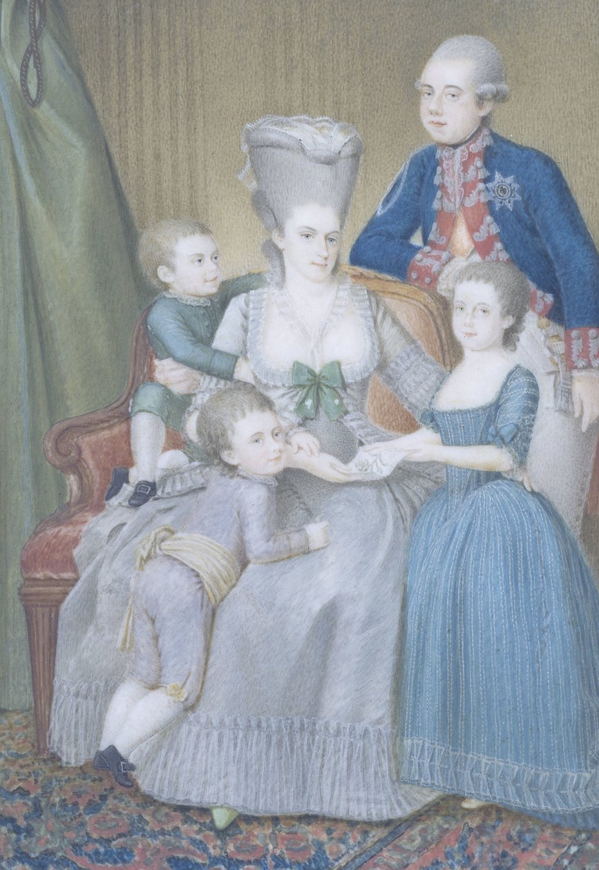 William V (1748-1806), príncipe de Orange-Nassau, com a sua esposa Frederika Sophia Wilhelmina da Prússia e os seus filhos Frederica Louisa Wilhelmina, William Frederick e William George Frederick de Pieter Lesage