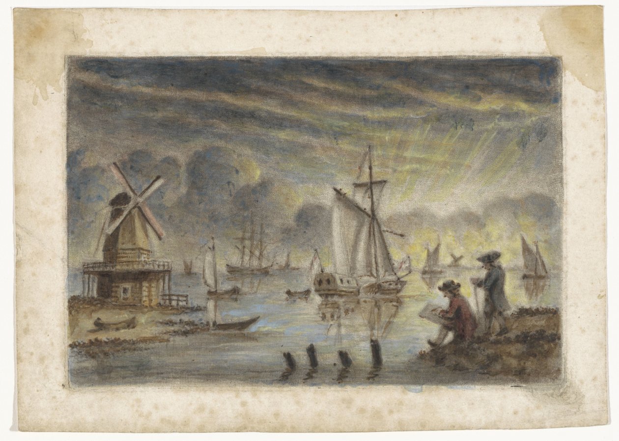 Vista costeira com navios, moinho de vento e um desenhador de Pieter Louw (attributed to)