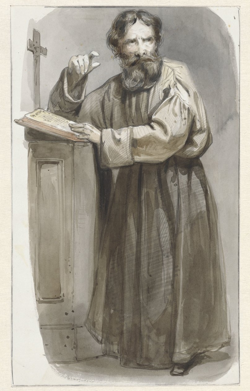 Clérigo de pé na tribuna com crucifixo e Bíblia de Pieter Marinus van de Laar (attributed to)