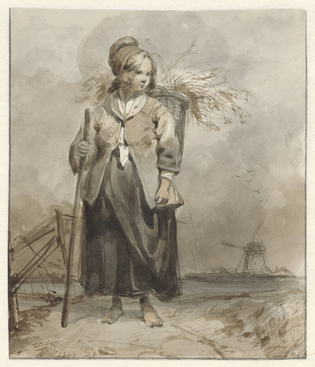 Mulher em pé com vara e cesta nas costas de Pieter Marinus van de Laar (attributed to)