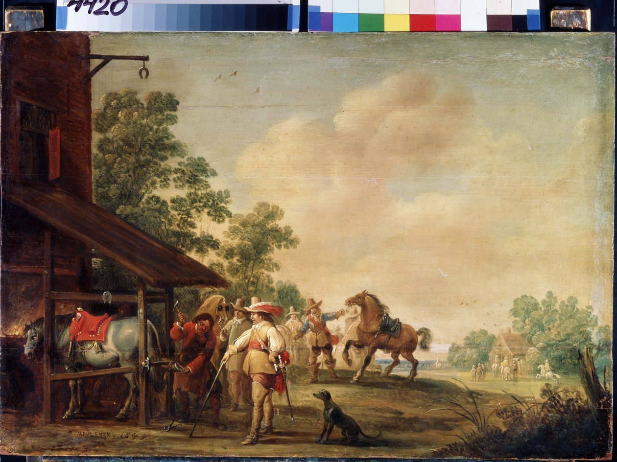 Forja (Uma Forja). Um ferrador (farrier) colocando uma ferradura. Pintura de Pieter Meulenaer (Peter ou Pierre de Pieter Meulener