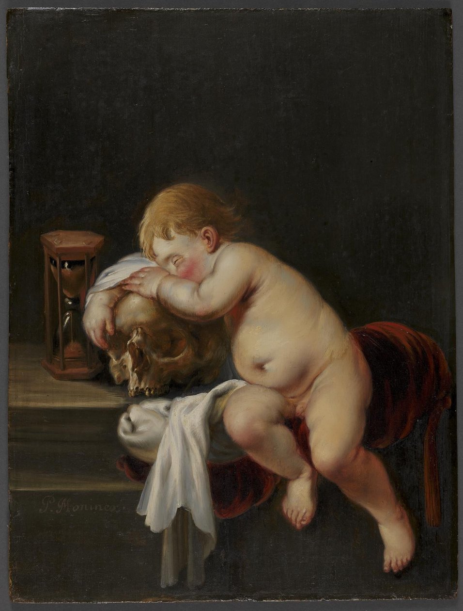 Menino dormindo em um crânio de Pieter Moninckx