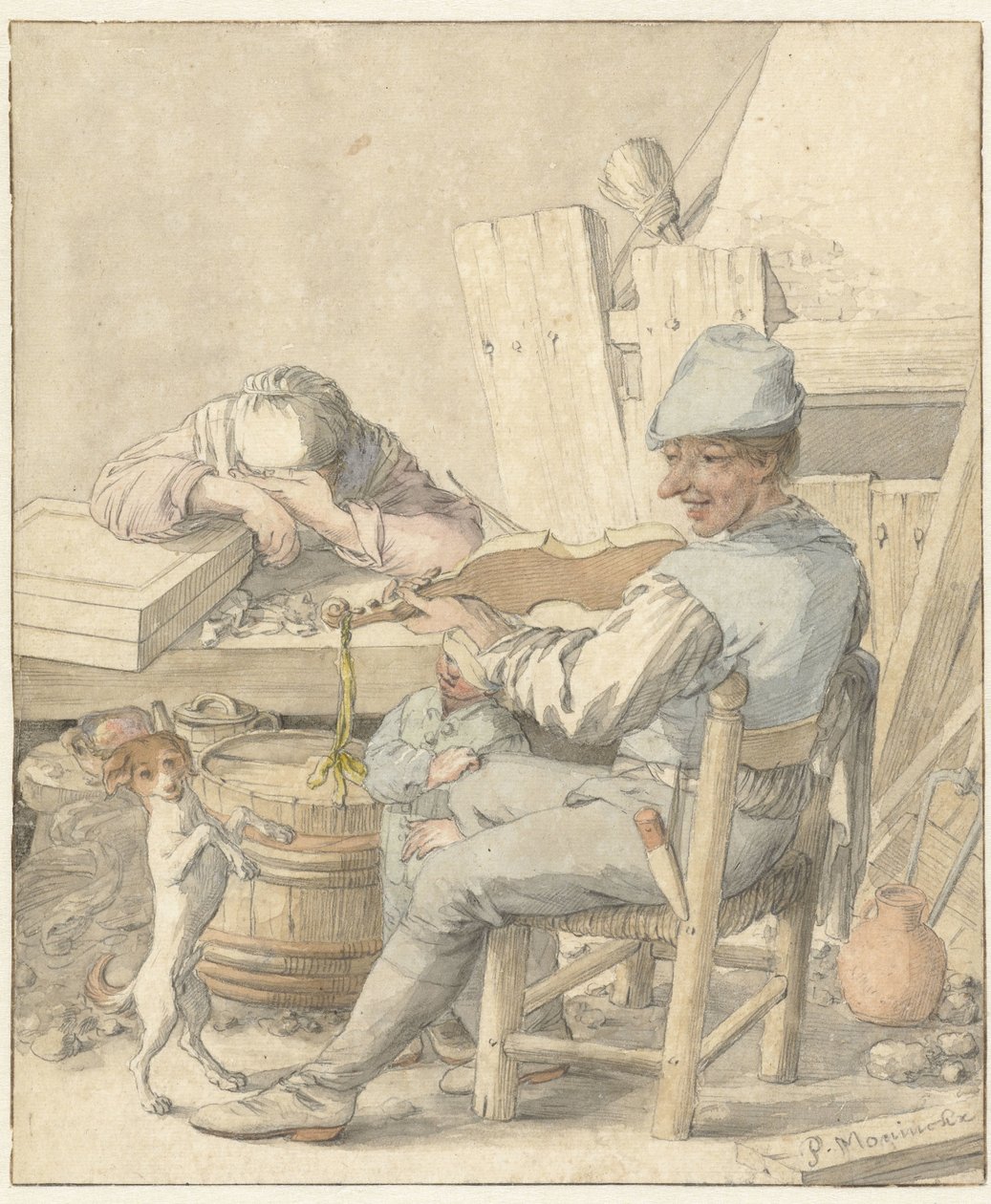Interior com um homem tocando violino, uma mulher dormindo e um cachorro dançando de Pieter Moninckx