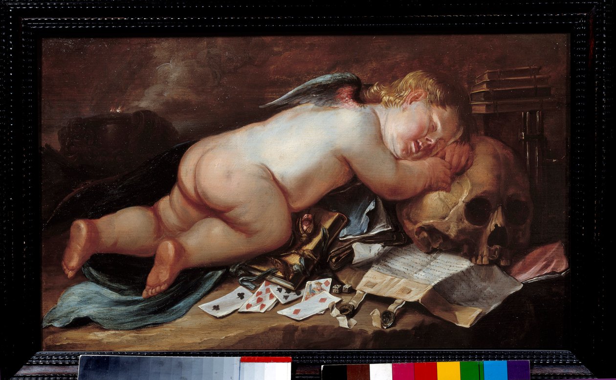 Adoro dormir sobre a cabeça de uma morte. Pintura (Vanite) de Pieter Moninckx (1606 - 1686) Ec. Flam. de Pieter Moninckx