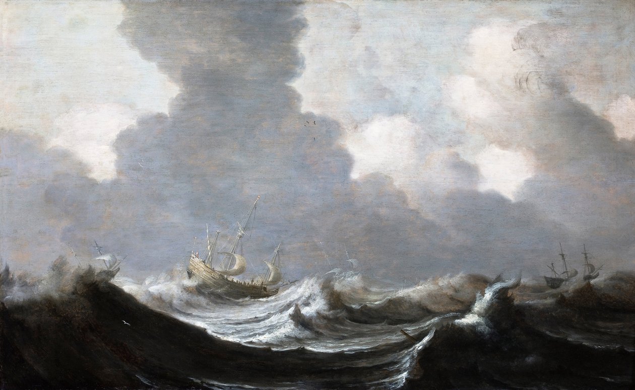 Quatro navios correndo diante de um vendaval, 1630 de Pieter Mulier the Elder
