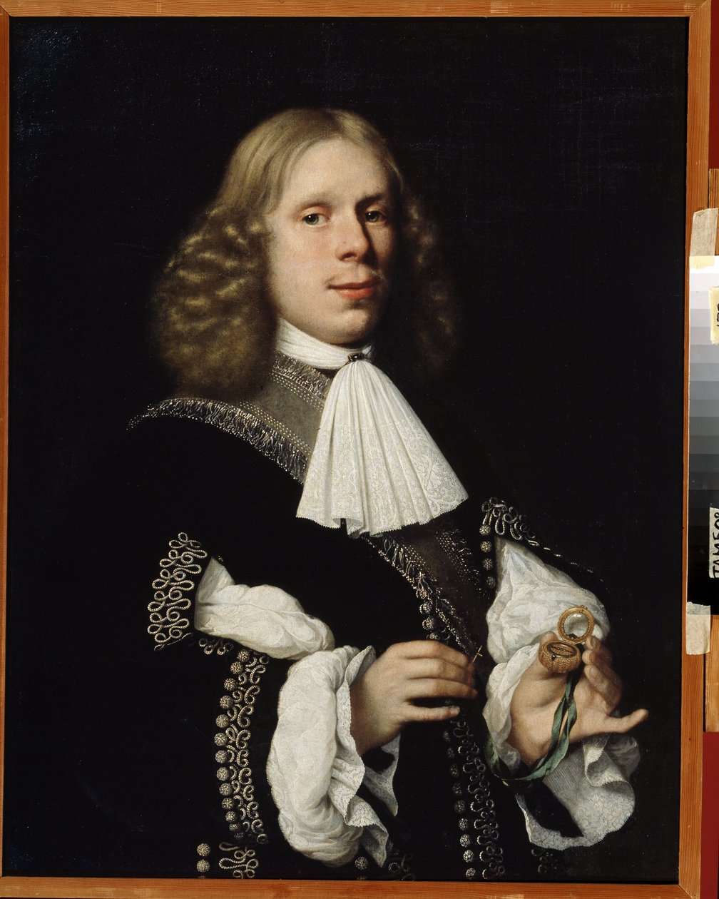 Retrato do prefeito de Haarlem. (Retrato do prefeito de Haarlem). O homem tem uma pequena bússola na mão. Pintura de Pieter Nason (1612-1688) de Pieter Nason