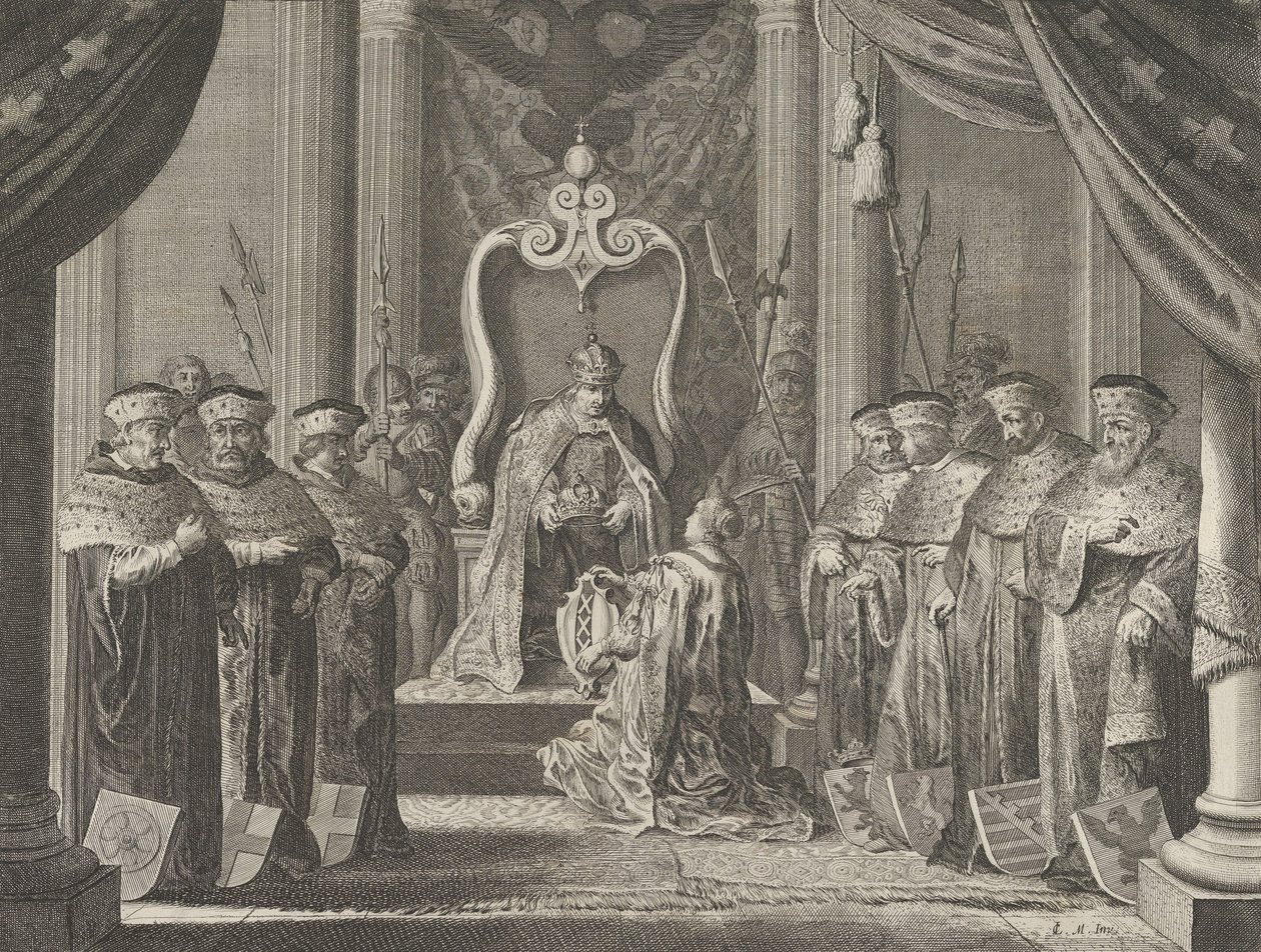 Gravura 8: Imperador Maximiliano II concedendo uma coroa ao brasão de armas de Amsterdã, de Cas..., 1638. de Pieter Nolpe