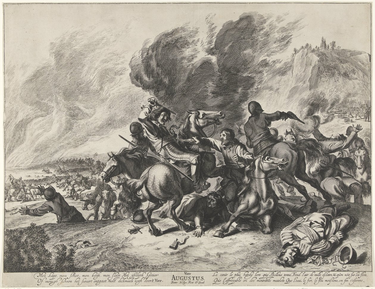 Batalha: o mês de agosto e o elemento fogo Quatro de agosto (título no objeto) Paisagens com os meses, elementos e estações (título da série) de Pieter Nolpe