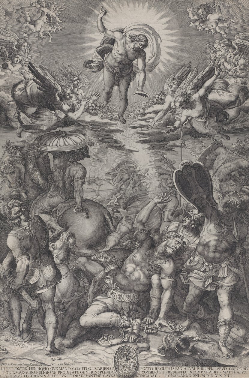 A conversão de Saulo, que jaz no chão cercado por cavalos e soldados como Cristo..., 1583 de Pieter Perret