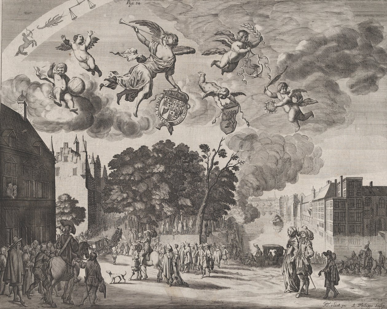 Carlos II entrando em Haia em uma carruagem com o Mauritshuis à direita, de 