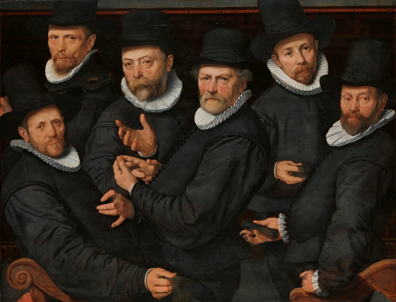 Seis Guardiões da Guilda dos Drapers Six Landlords of the Lakens, Amsterdã, 1599 de Pieter Pietersz. (I)