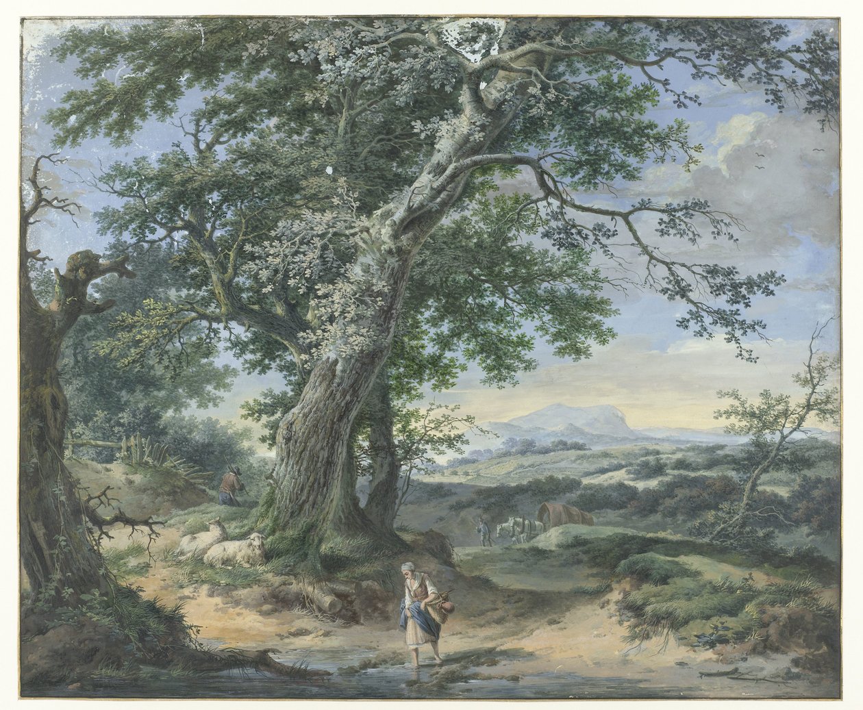 Paisagem montanhosa com árvores pesadas e poeiras humanas de Pieter Pietersz. Barbiers
