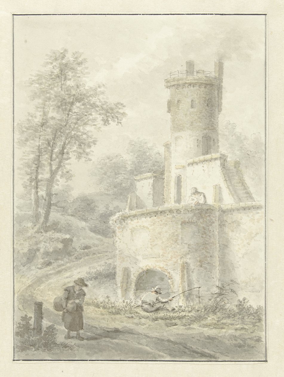 Paisagem com pescador e mulher andando por uma torre de fortaleza de Pieter Pietersz. Barbiers